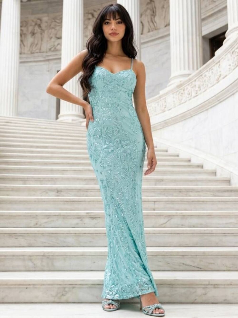 🩵NWT Speechless Mint & Silver Sequined Strappy Mermaid Sleeveless Gown Size 3